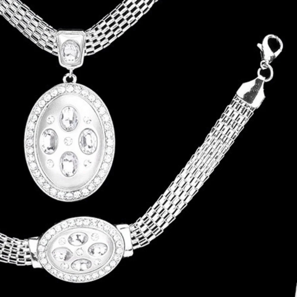 Silver 3 Piece Oval Pendant Marquise Rhinestone Trim Necklace Formal Jewelry Set